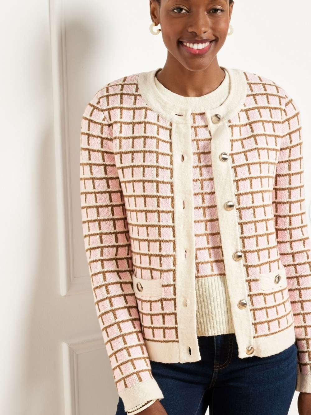 NWT Talbots Pink Cream Grid-Pattern Button Cardigan with Gold Buttons